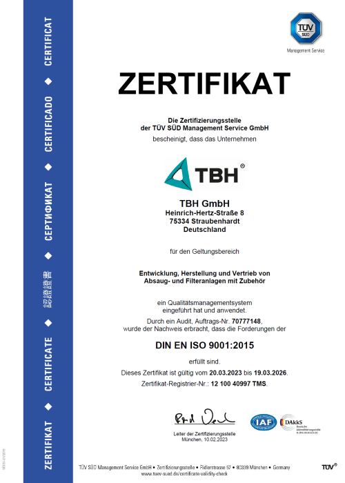 Zertifikat DIN EN ISO 9001:2015 für TBH GmbH.