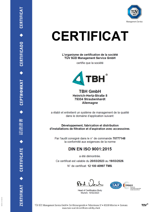 Certificat DIN EN ISO 9001:2015 pour TBH GmbH.